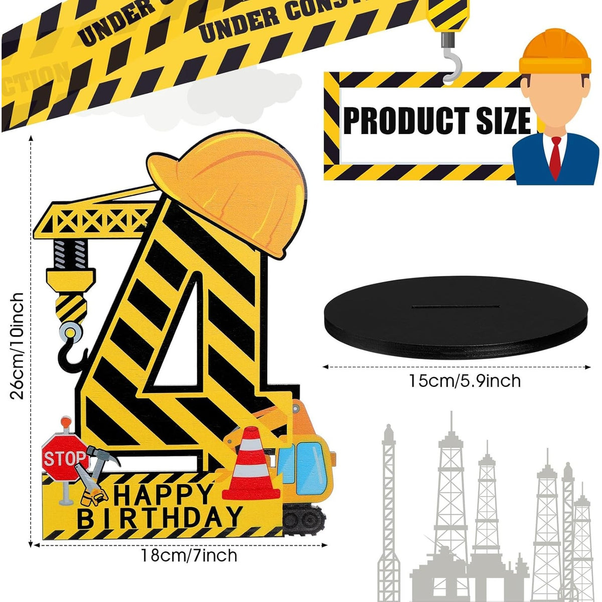 BRAND NEW ~ 4th Happy Birthday Yellow Construction Hard Hat Wooden Excavator