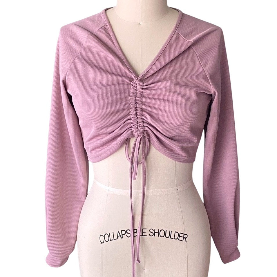 NWT ~ ROMWE Pink Ribbed Front Tie Cropped Long Sleeve Top ~ Women's Size LARGE