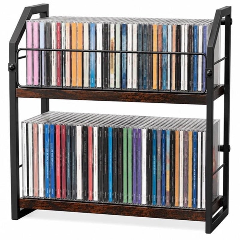 BRAND NEW ~ 2-Tier Wood & Metal CD Storage Shelf Desktop Media Display Rack