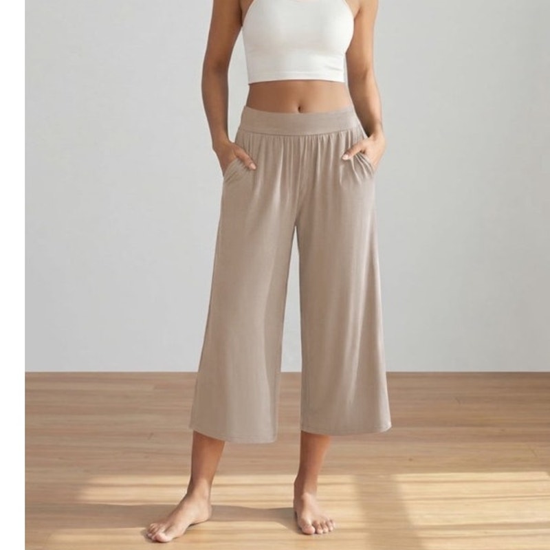 NWT ~ Plus Size Tan Wide Leg Cropped Casual Palazzo Pants Yoga Lounge ~ XXL