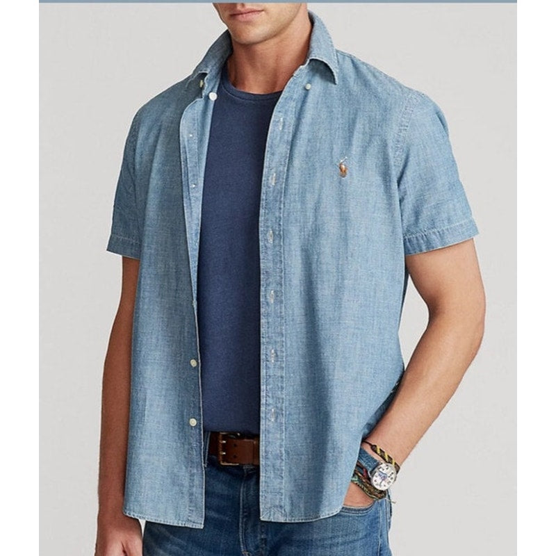 Men's RALPH LAUREN Blue Chambray Button Down Short Sleeve Shirt ~ Size LARGE