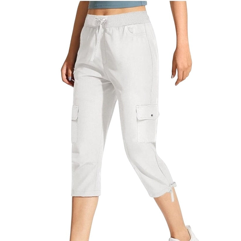 NWT ~ Womens White Lightweight Cargo Capri Quick Dry Hiking Pants & Pockets ~ XL