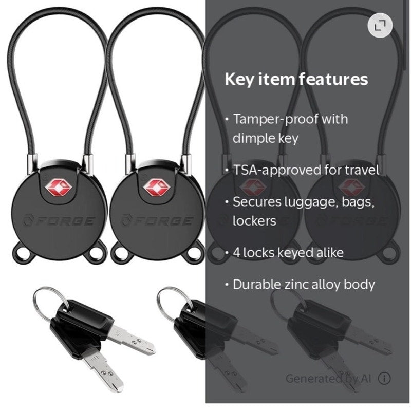 BRAND NEW ~ 4 Pack Black Forge TSA Approved Key Luggage Locks TSA006 Key