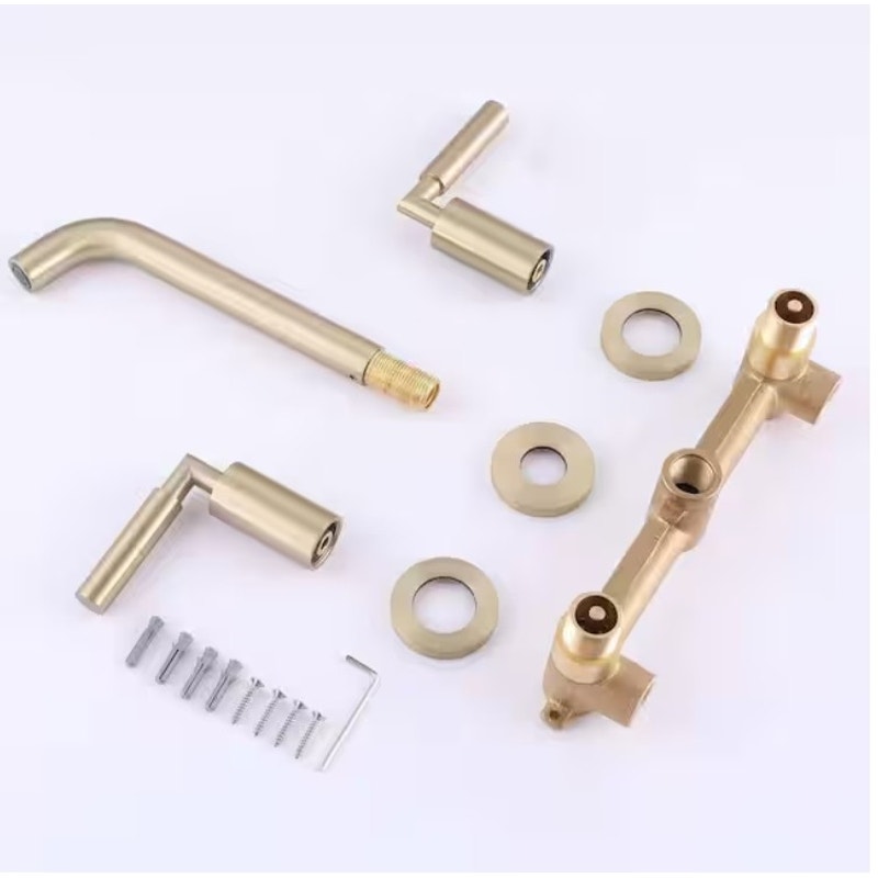 BRAND NEW ~ Brushed Gold Double Handle Wall Mounted Bathroom Faucet Modern 3-Hole Brass Taps