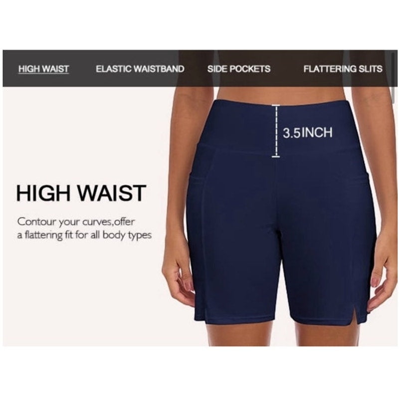 NWT ~ Women's Black High Waisted Swimsuit Bottoms Swim Shorts with Pockets LARGE