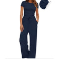 NWT Blue 2 Piece Summer Outfit Set Ruched Short Sleeve Top & Wide Leg Pants ~ L