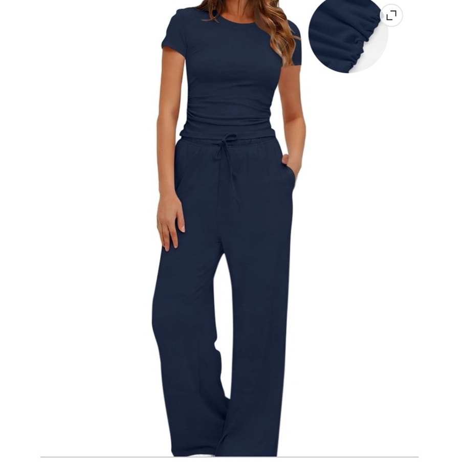 NWT Blue 2 Piece Summer Outfit Set Ruched Short Sleeve Top & Wide Leg Pants ~ L
