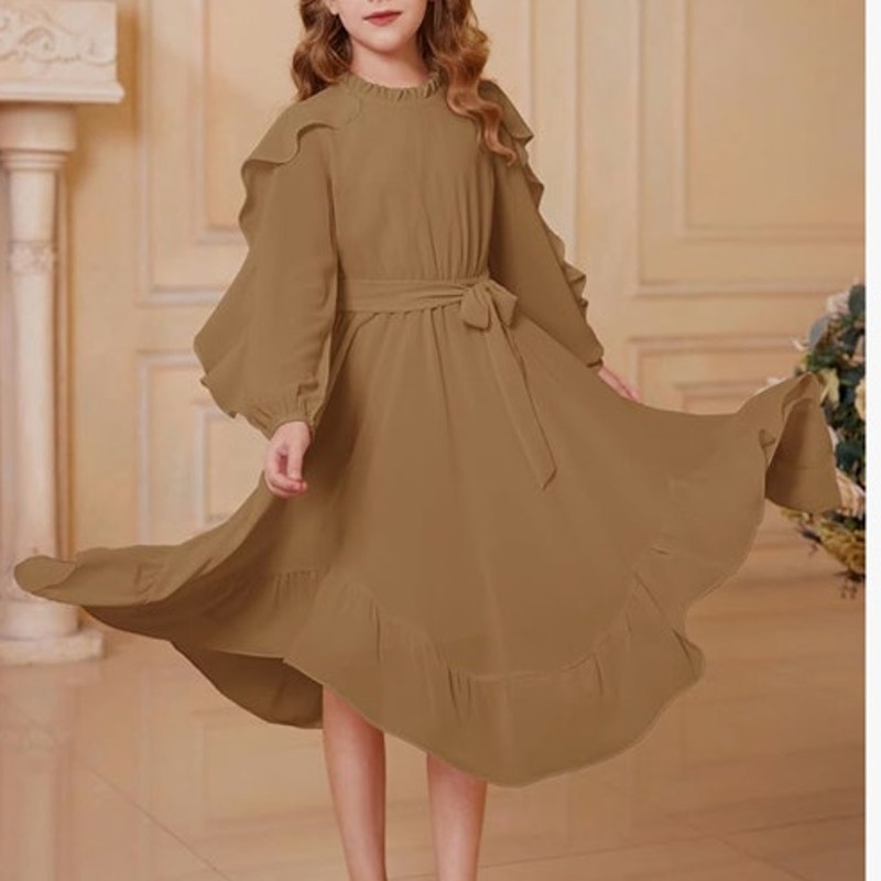 NWT ~ GRACE KARIN Girls Long Sleeve Tan Ruffle Swing Formal Dress ~ Size 6 years