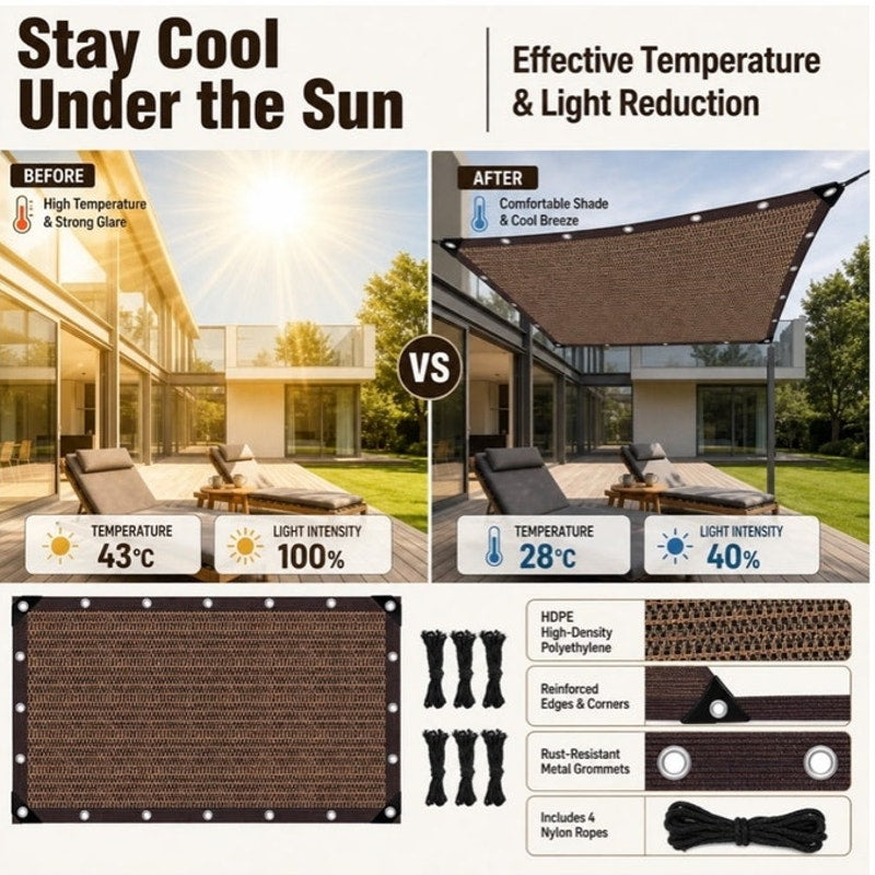 BRAND NEW ~ Heavy Duty Brown 10' x 19' UV Block Sun Shade Cloth Canopy Sunshade