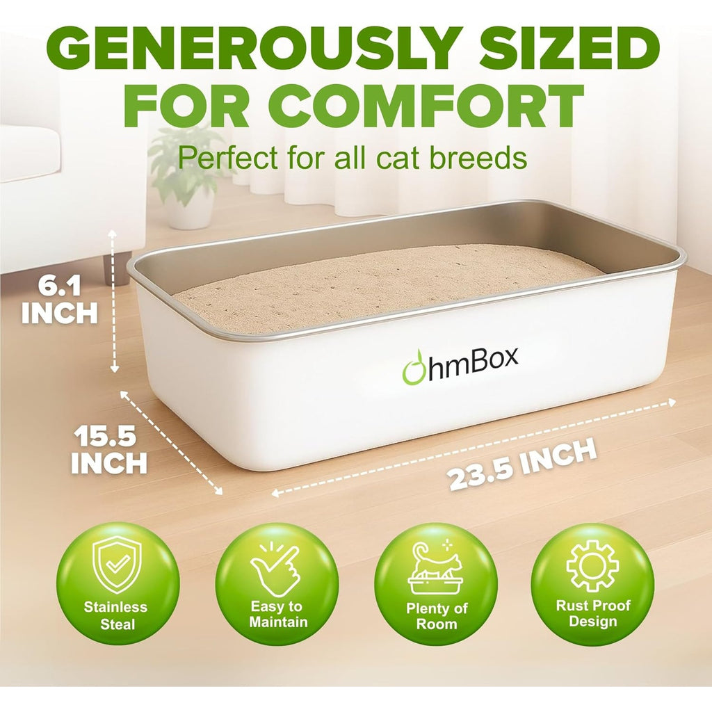 BRAND NEW ~ OHM Stainless Steel Rust Proof Metal NonSlip White XL Cat Litter Box