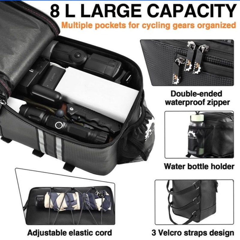 BRAND NEW ~ Waterproof Black 8L Rear Rack Cargo Cycling Bike Bag with Rain Cover