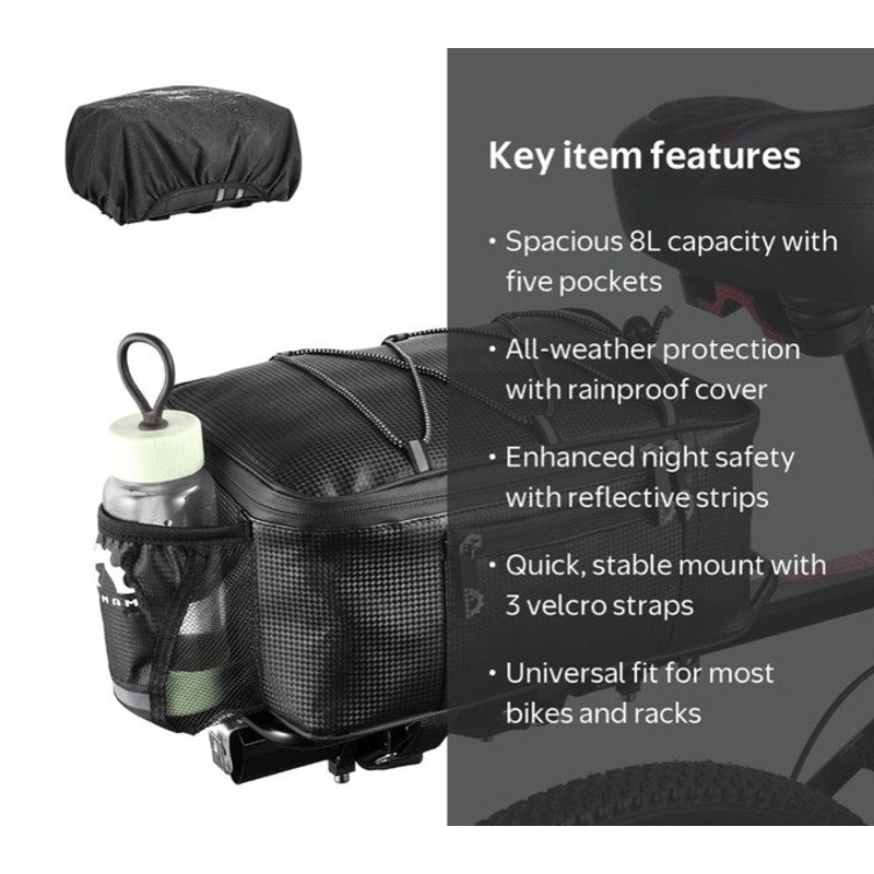 BRAND NEW ~ Waterproof Black 8L Rear Rack Cargo Cycling Bike Bag with Rain Cover
