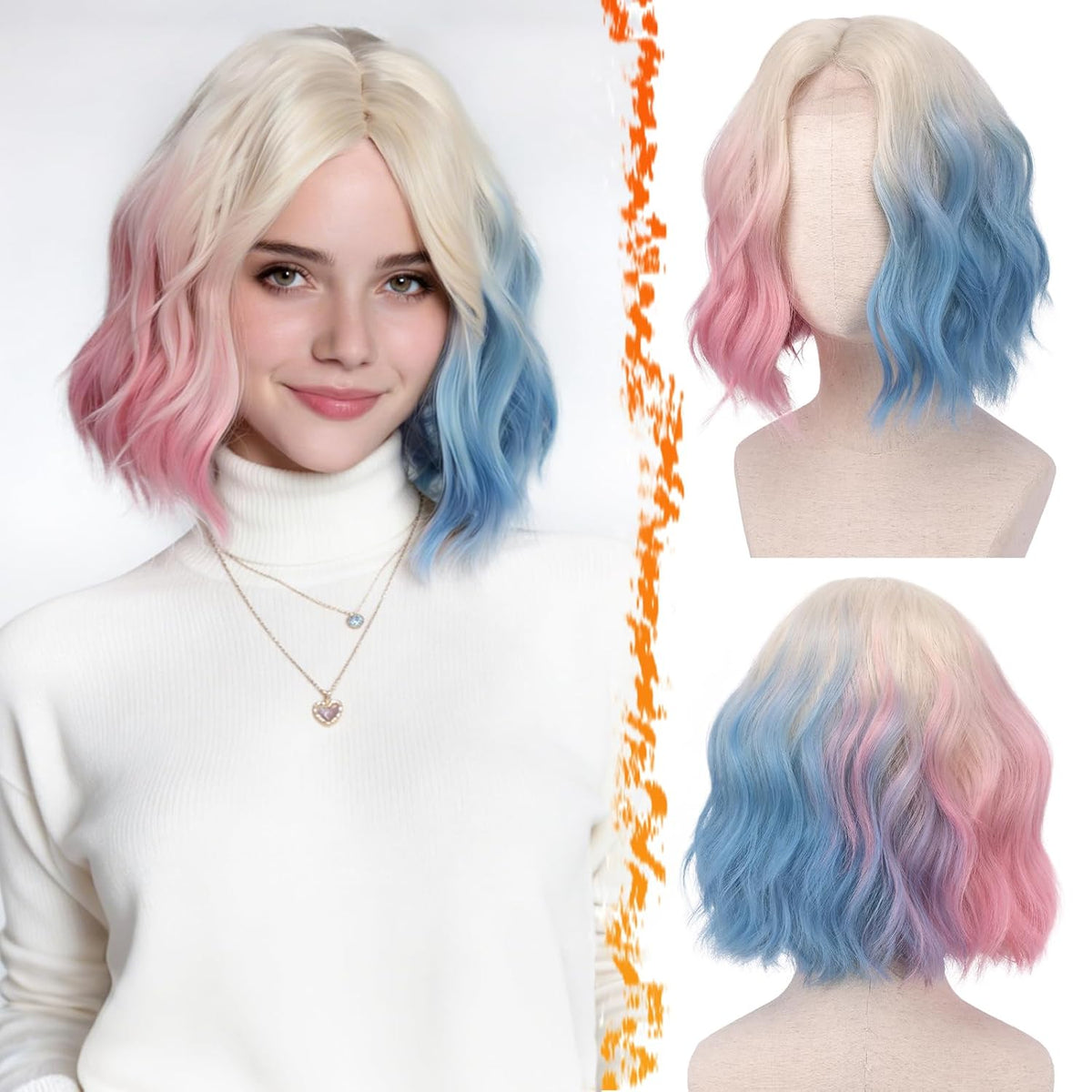 BRAND NEW ~ 14 Inch Blonde Ombre Pink Blue Short Wavy Wig ~ Cosplay Halloween