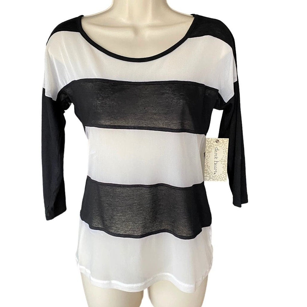 NWT ~ DEREK HEART Black & White Wide Mesh Stripe Top ~ Women's Size MEDIUM