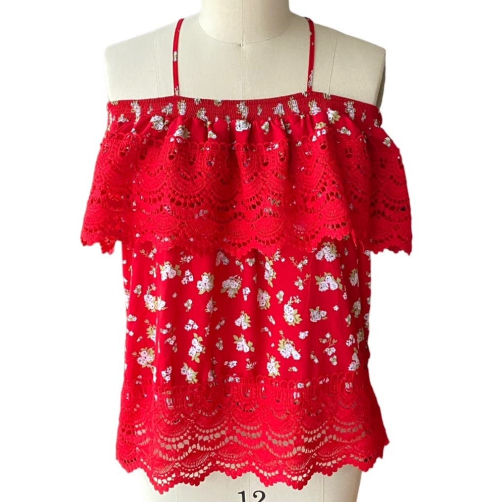 NWT ~ NOBO Boho Red Floral On Off Shoulder Bohemian Blouse ~ Women's Jr's XXL 19