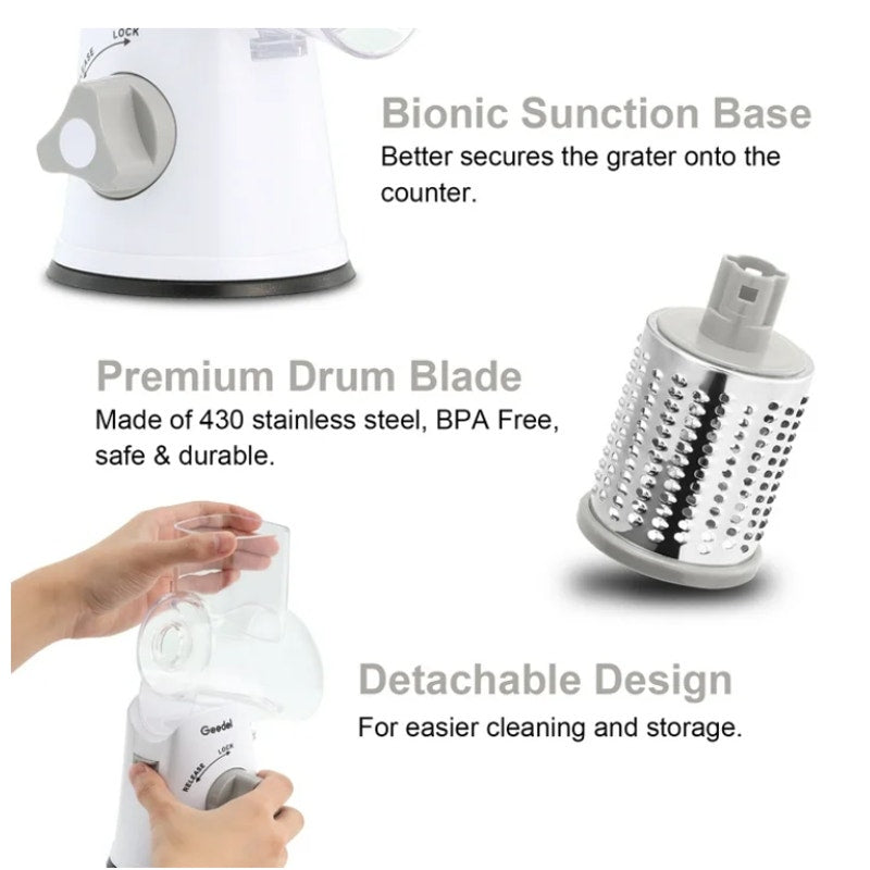 BRAND NEW ~ Geedel Kitchen Rotary Cheese Grater & Vegetable Slicer & 3 Blades