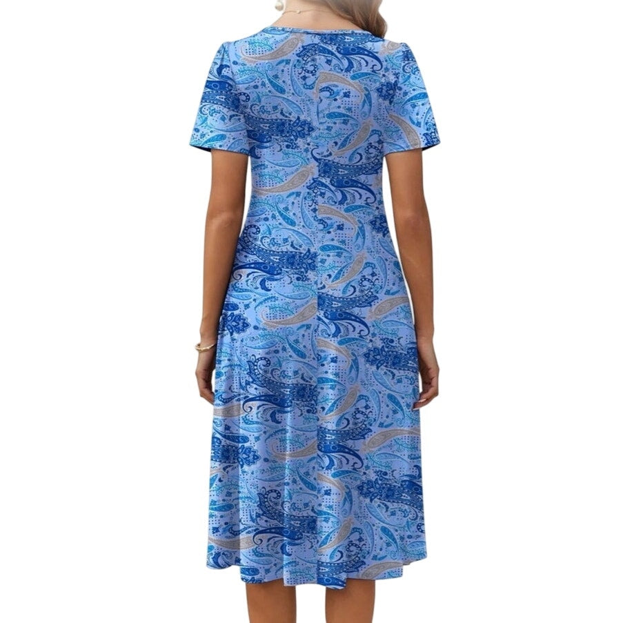 NWT ~ Blue Floral Short Sleeve Pleated Casual Flowy Summer Midi Dress Pockets XL