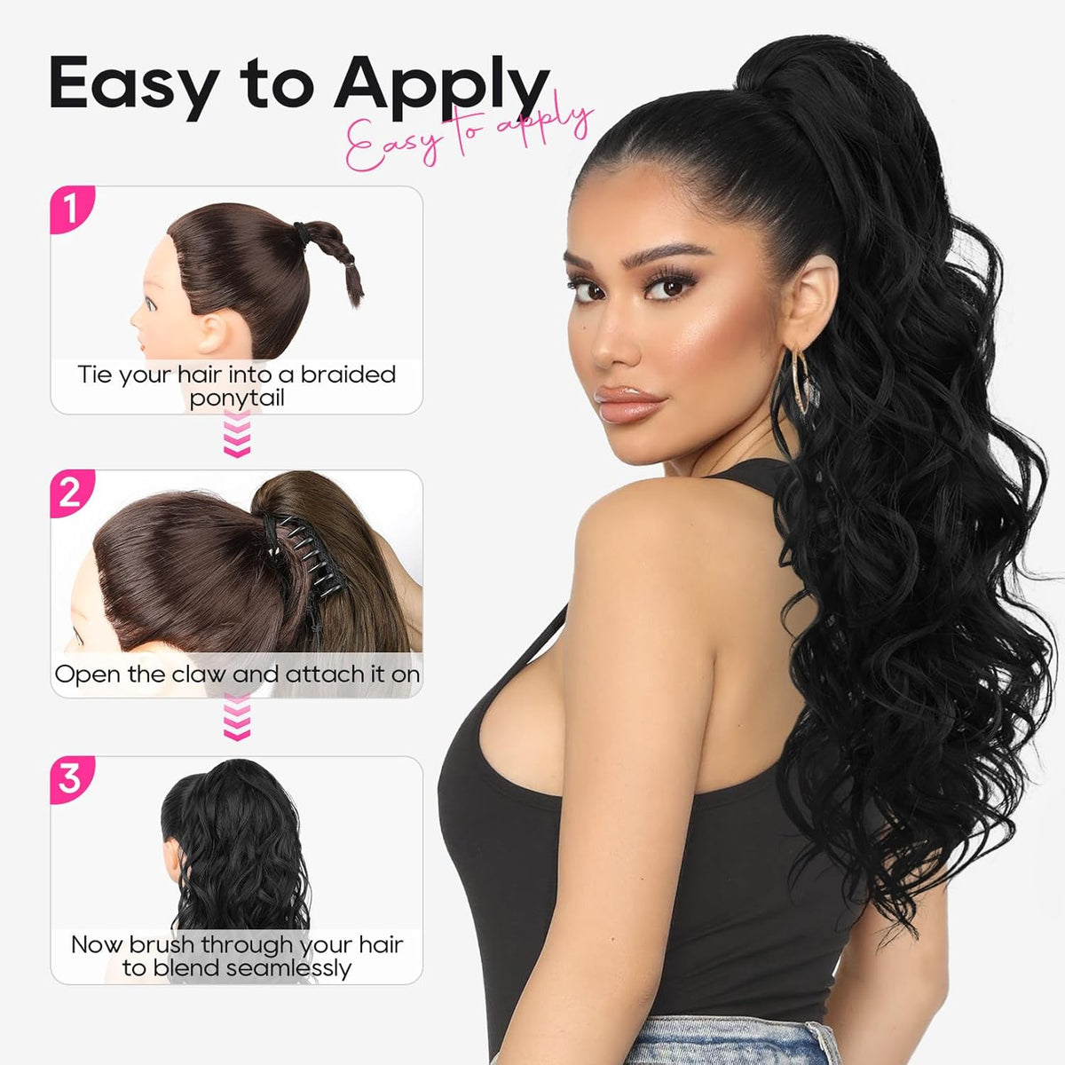 NWT ~ Claw Clip In Natural Dark Black Ponytail Extension