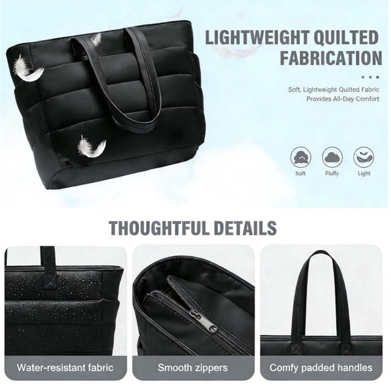 BRAND NEW ~ Large Capacity Black Lightweight Waterproof Quiltd Puffer Tote Bag