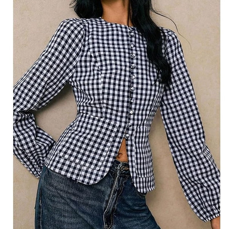 NWT ~ Women's Blue & White Gingham Long Sleeve Blouse ~ Size LARGE