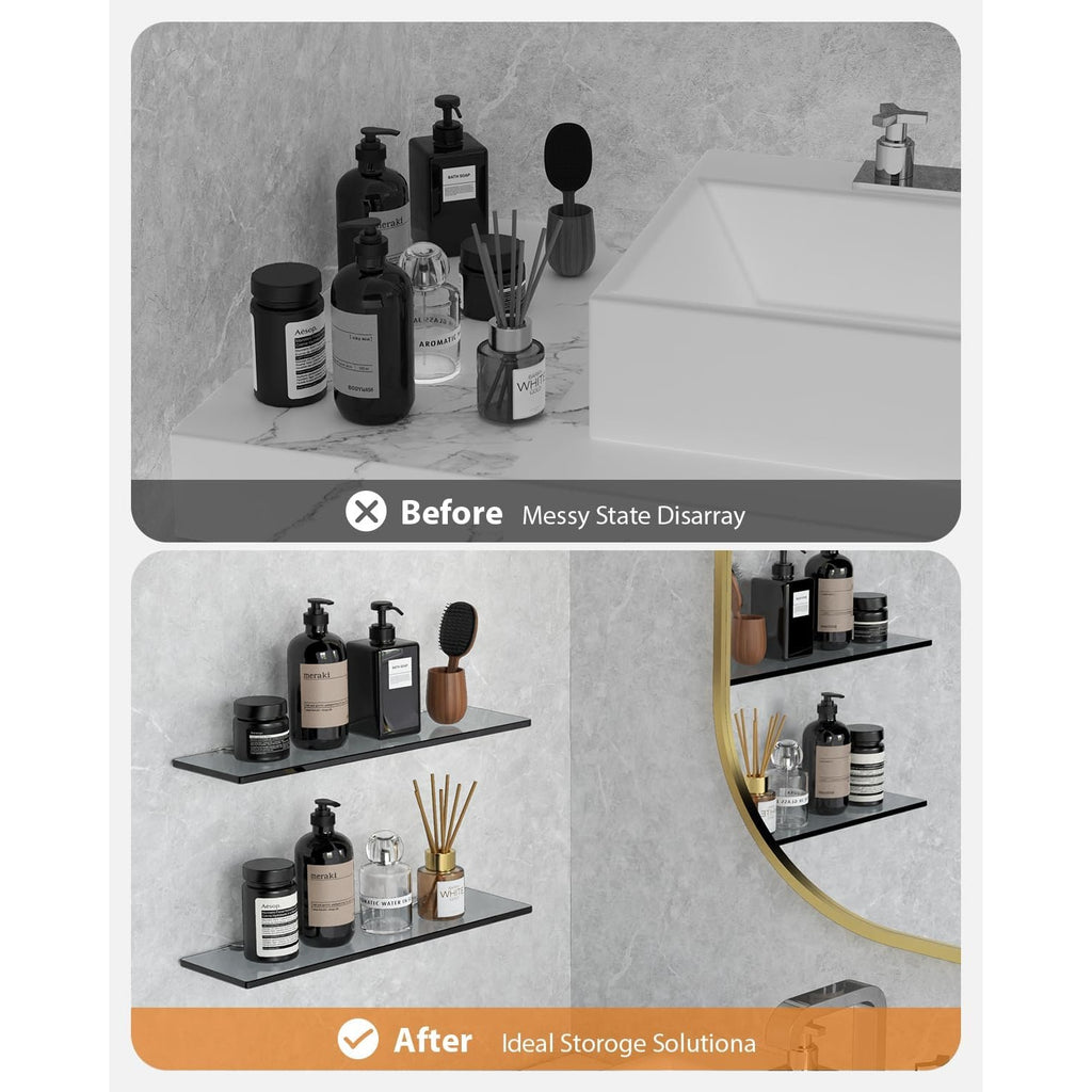 NWT ~ Set/2 Smokey Gray Black Glass Floating Shelves Modern Farmhouse Bathroom
