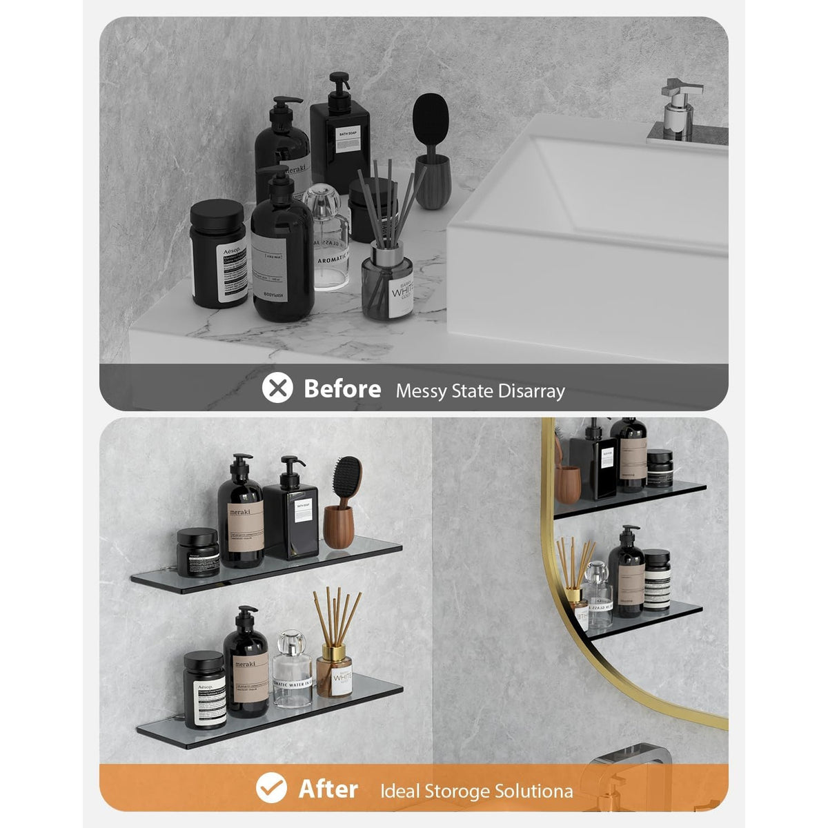 NWT ~ Set/2 Smokey Gray Black Glass Floating Shelves Modern Farmhouse Bathroom