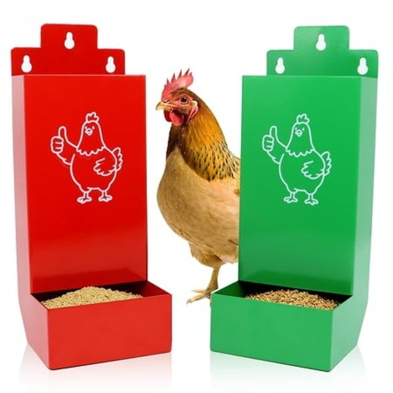 BRAND NEW ~ Set/2 Bright Red & Green Metal Chicken Coop Feeders with Hangers