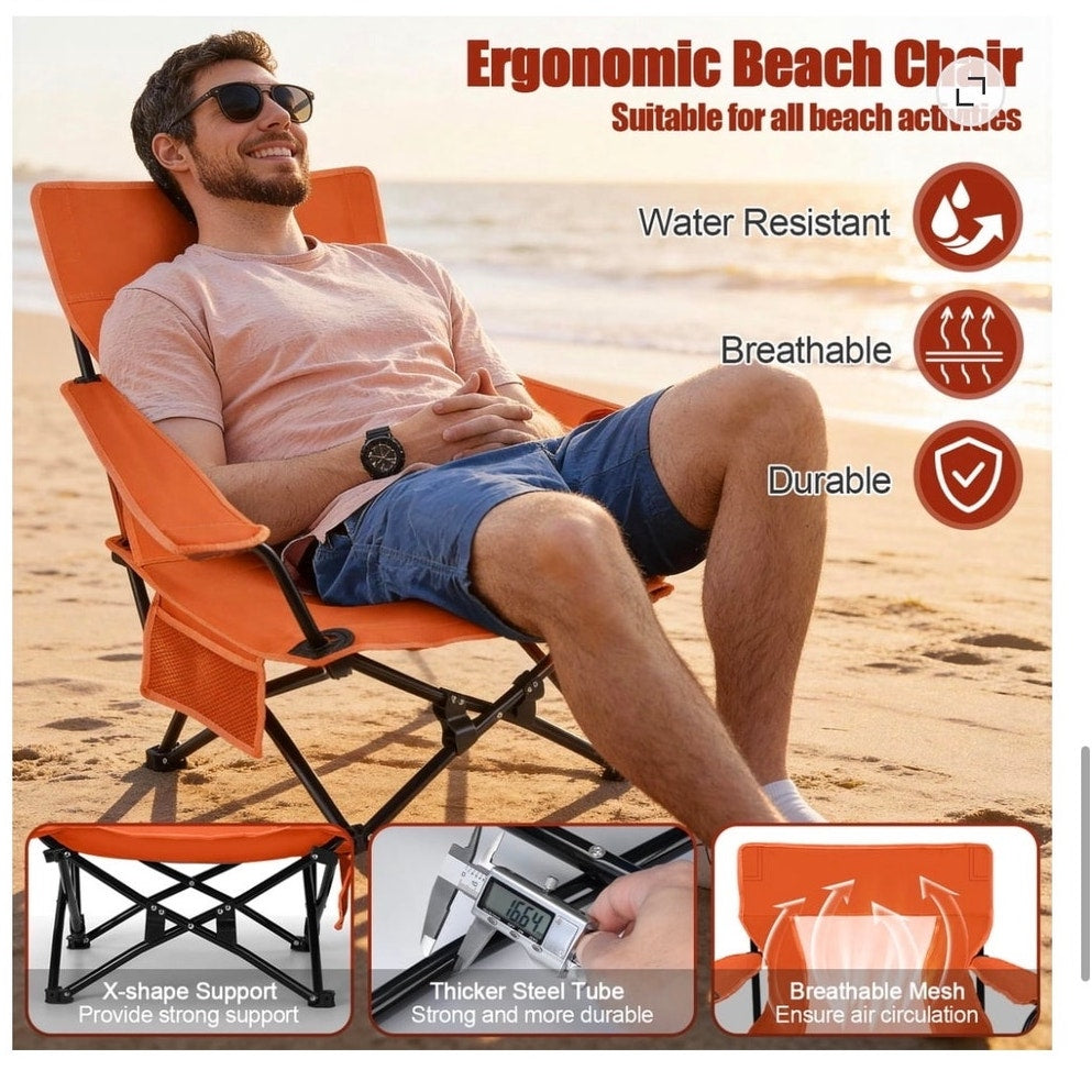 BRAND NEW ~ Orange Folding Low Seat High Back Wide Seat Beach Camping Chair
