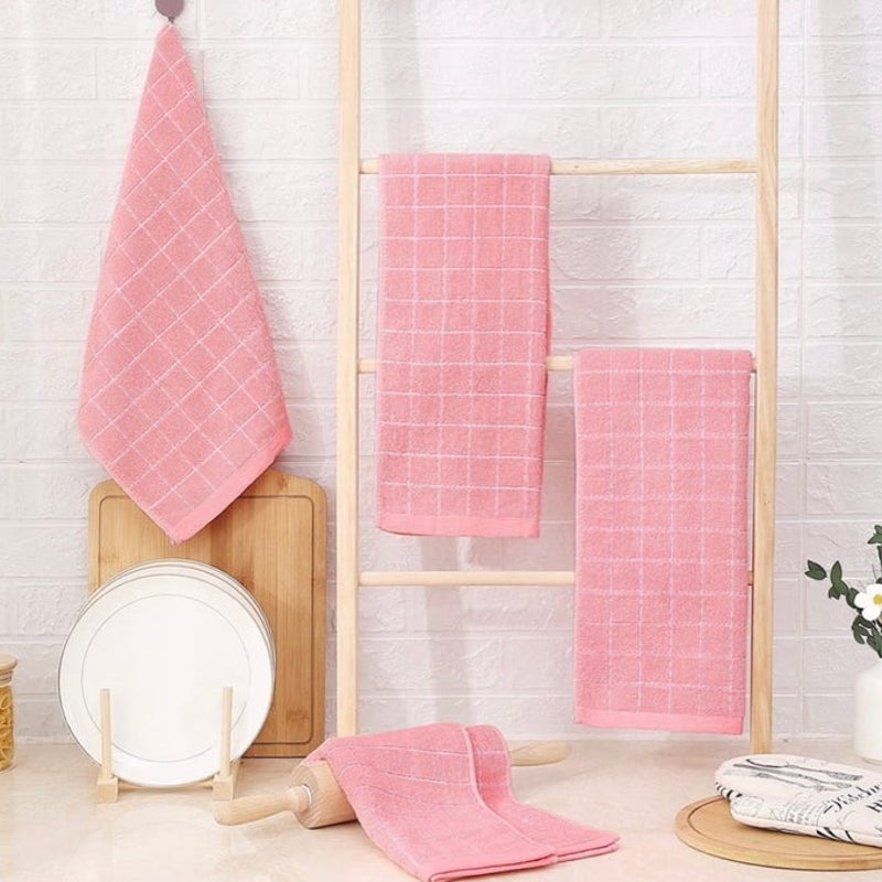 BRAND NEW ~ Set/4 Pink Checked 100% Cotton Soft Terry Cloth Kitchen Dish Towels