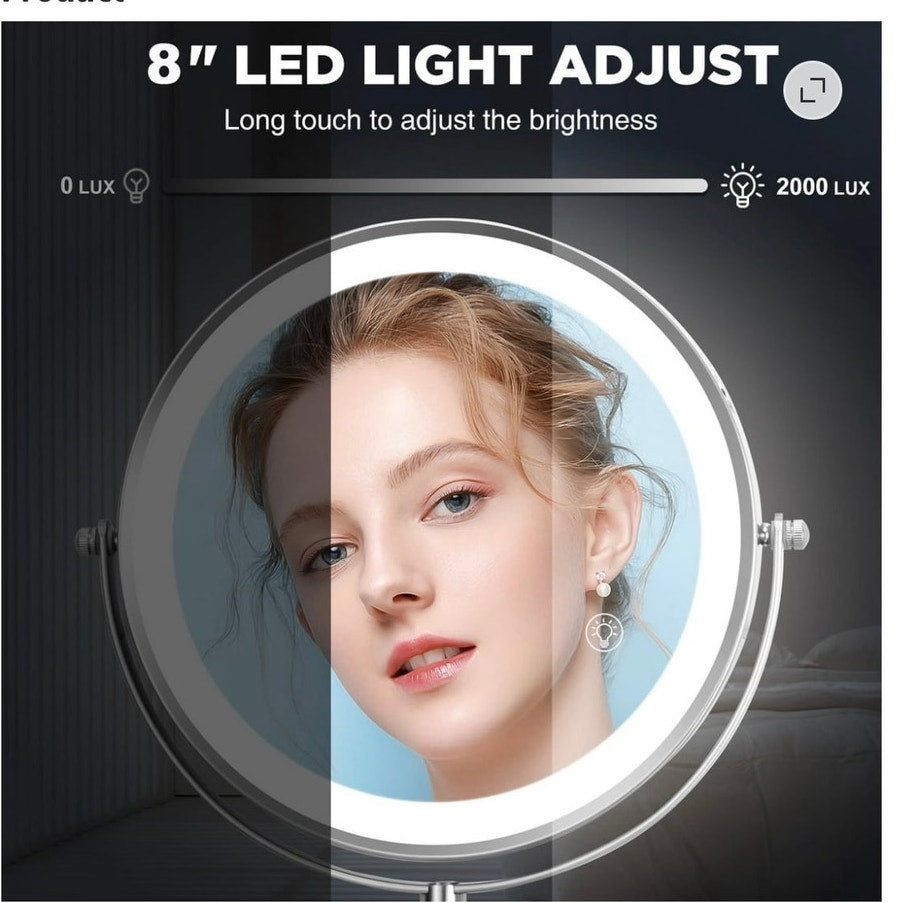BRAND NEW ~ Chrome Finish 8" Double Sided 3 Colors Lighted Adjustable Mirror