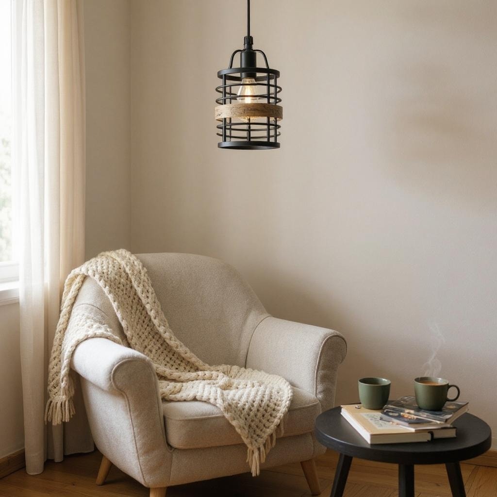 NWT ~ Matte Black Modern Farmhouse Hanging Spiral Metal Cage Pendant Light