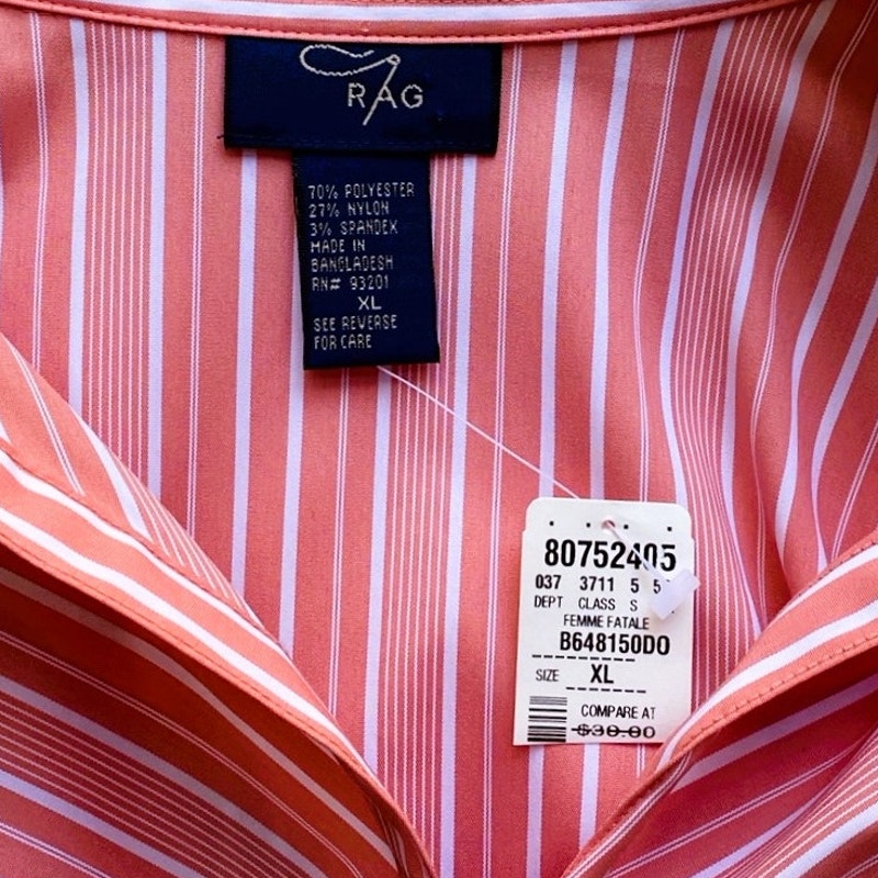 NWT ~ RAG Coral Orange & Pink Stripe Fitted Long Sleeve Blouse ~ Women's Size XL