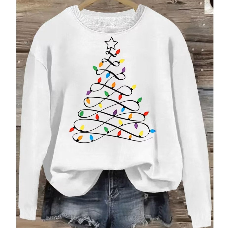 NWT ~ White Christmas Tree Multicolor Lights Festive Soft Crew Sweatshirt ~LARGE