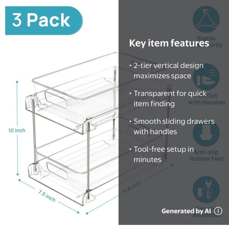 BRAND NEW ~ Set/3 Bathroom Plastic 2-Tier Clear Under The Sink Storage Organizer