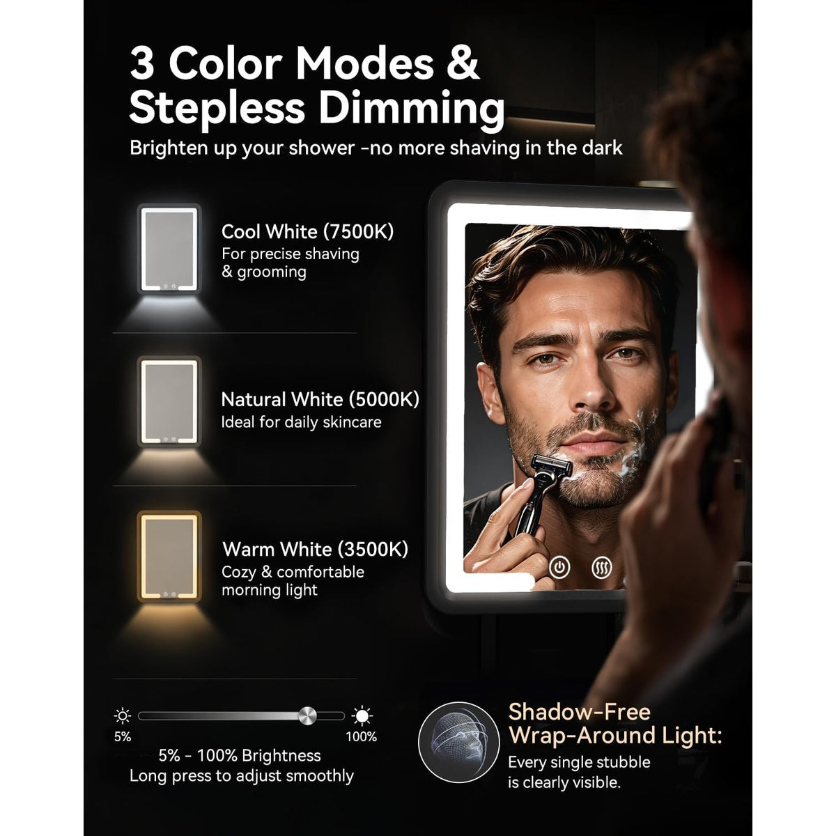 BRAND NEW ~ Heated Fogless Color Dimmable LED Rechargeable Shower Mirror
