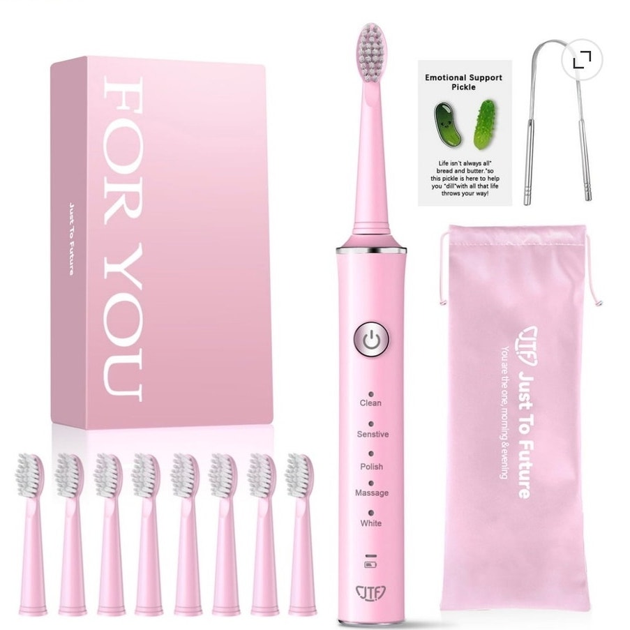 BRAND NEW ~ Pink Sonic Electric Toothbrush 8 Brush Heads Tongue Scraper & Bag