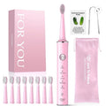 BRAND NEW ~ Pink Sonic Electric Toothbrush 8 Brush Heads Tongue Scraper & Bag