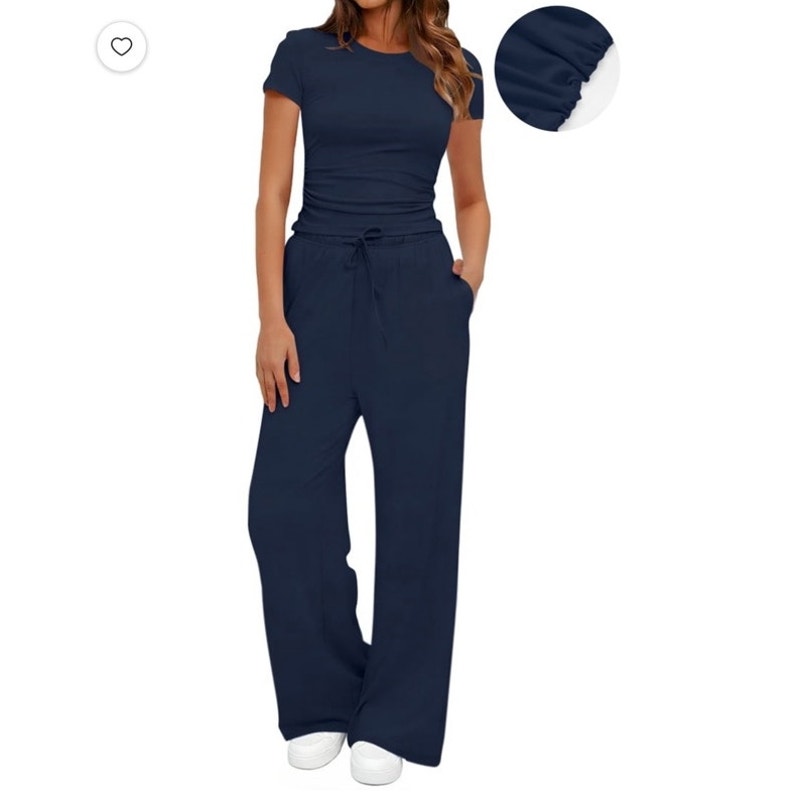 NWT ~ Womens Navy Blue 2pc Summer Outfit Top & Wide Leg Pants Loungewear Set ~ L