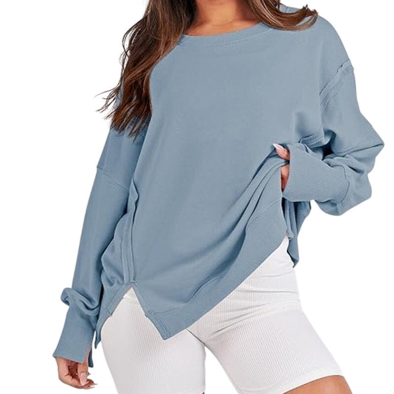 NWT ~ Women's Oversized Light Blue Hi-Lo Tunic Sweatshirt Raw Edge ~ Small