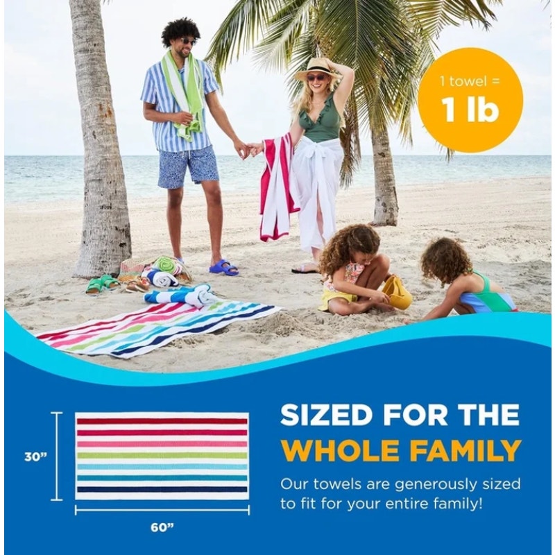 BRAND NEW ~ Set/12 Cabana Stripe Thick Cotton Terry Beach Pool Towel 60"x30"