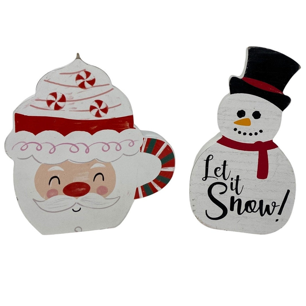 NWT ~ Set/ 2 Santa & Snowman Thick Wooden Christmas Shelf Sitters Wall Hangings