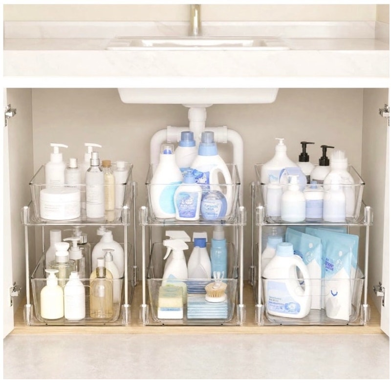 BRAND NEW ~ Set/3 Bathroom Plastic 2-Tier Clear Under The Sink Storage Organizer