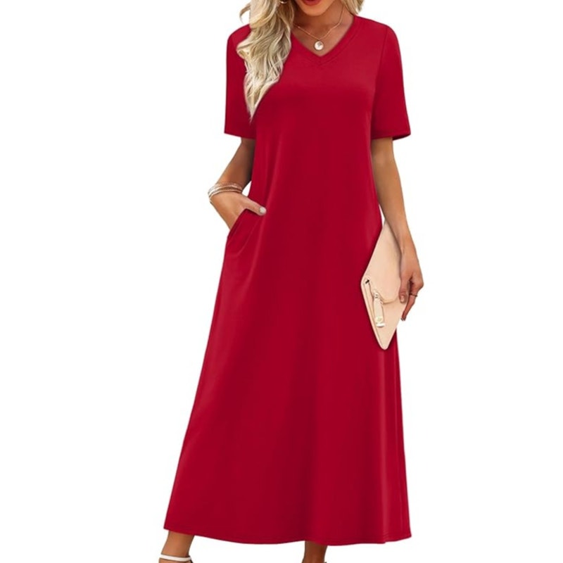 NWT ~ Women's Plus Size Red Short Sleeve V-Neck Knit Maxi Dress ~ Plus Size 4X