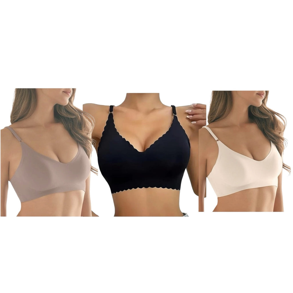 NWT ~ Plus Size Set/3 Black Scalloped Tan Nude Wireless Bras & Nipple Pads ~ XXL