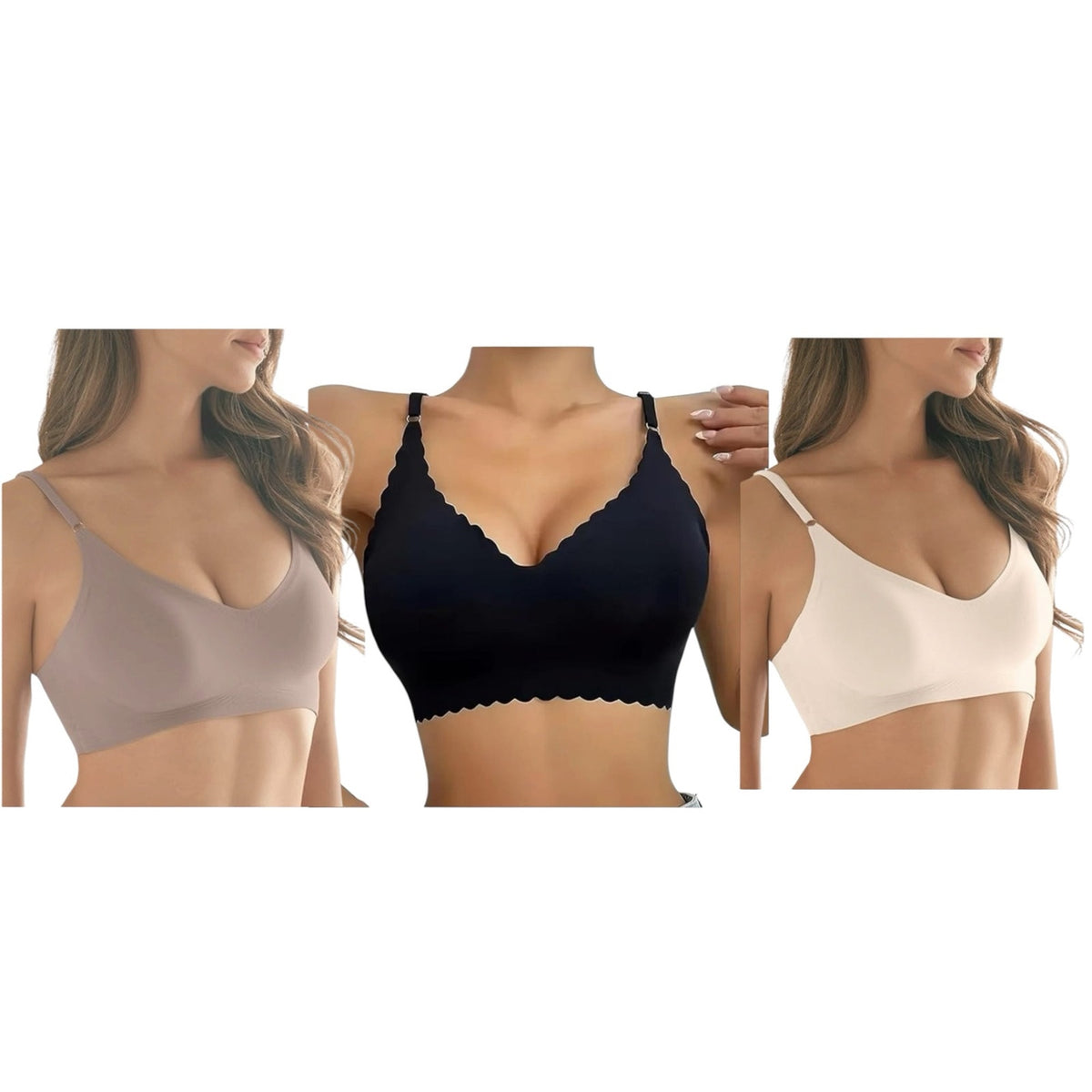 NWT ~ Plus Size Set/3 Black Scalloped Tan Nude Wireless Bras & Nipple Pads ~ XXL