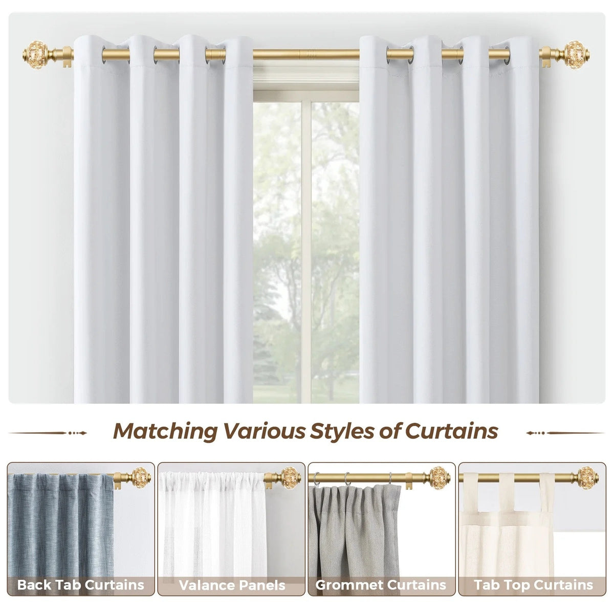 BRAND NEW ~ Gold 7/8" Adjustable Single Curtain Rod Translucent Finial 84"-120"