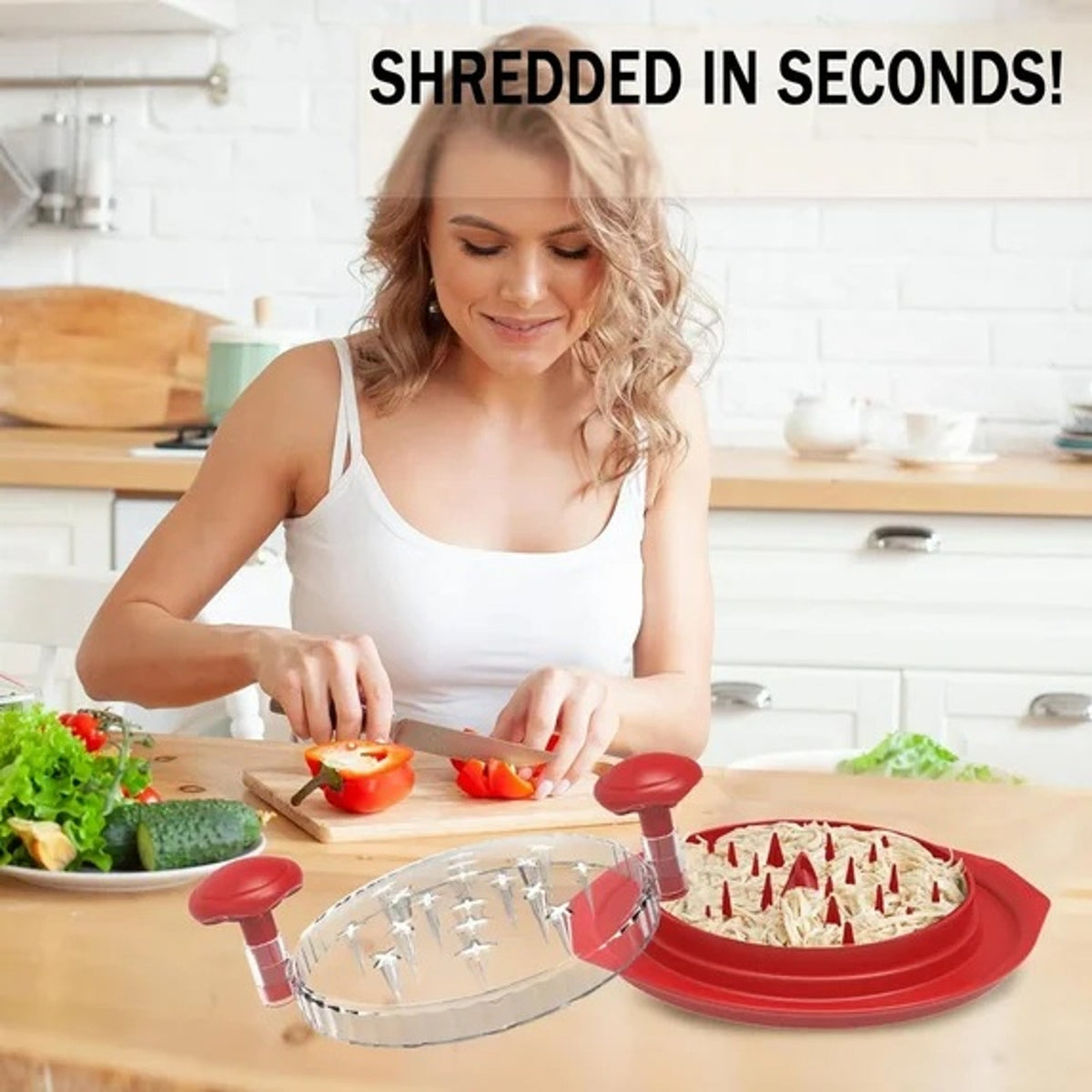 BRAND NEW ~ Modern Farmhouse Kitchen Red Chicken Shredder & Clear Cover 9.8x9.8"
