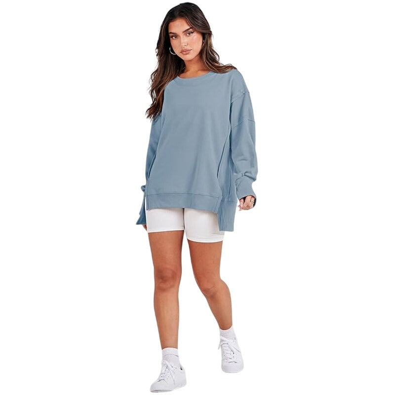 NWT ~ Women's Oversized Light Blue Hi-Lo Tunic Sweatshirt Raw Edge ~ Small