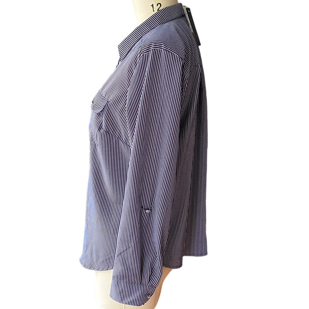 NWT ~ ADRIENNE VITTADINI Blue White Pinstripe Rolled Sleeve Blouse ~ LARGE