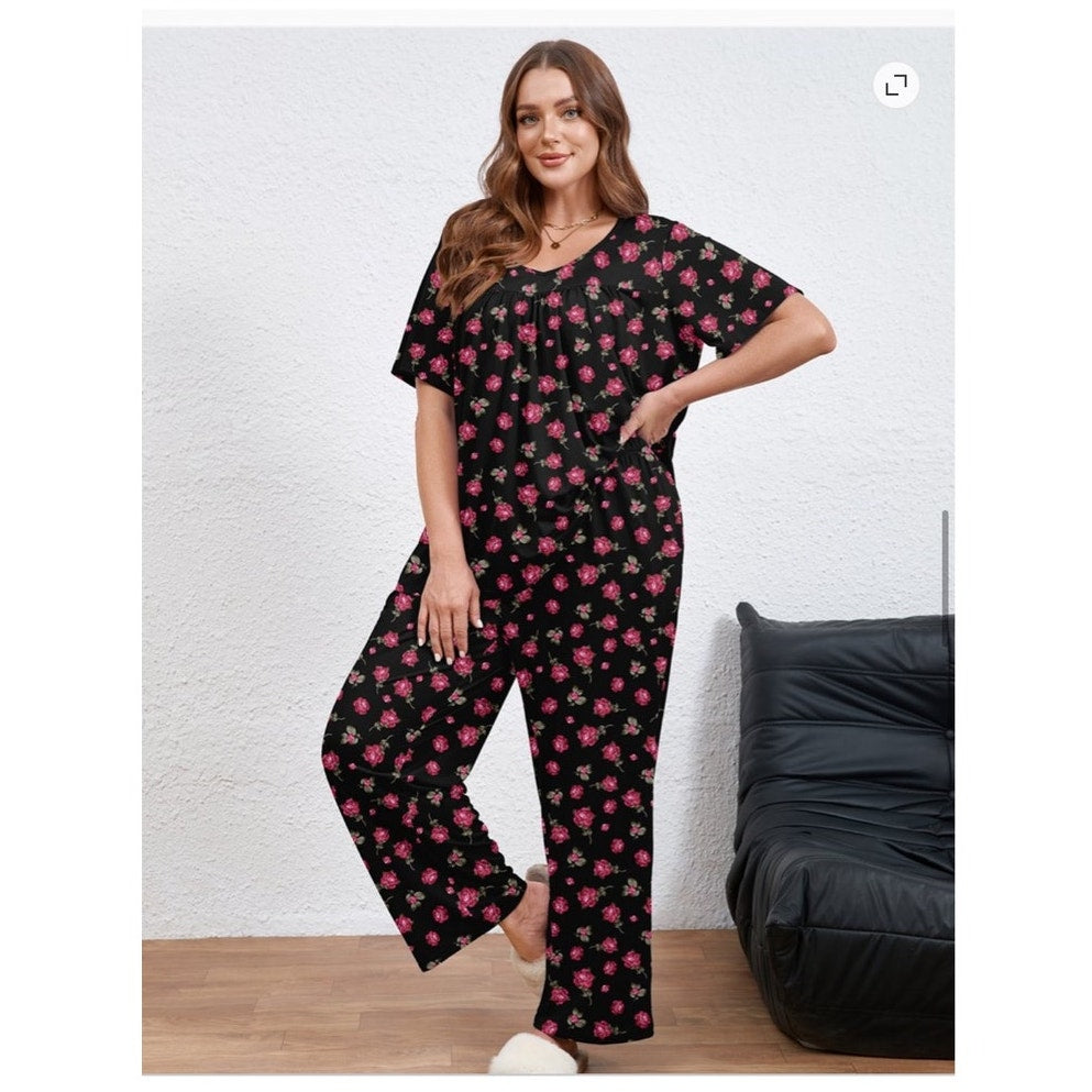 NWT ~ Women's 2pc Black Floral Pink Roses Pajamas Loungewear Set ~ Plus Size 4X